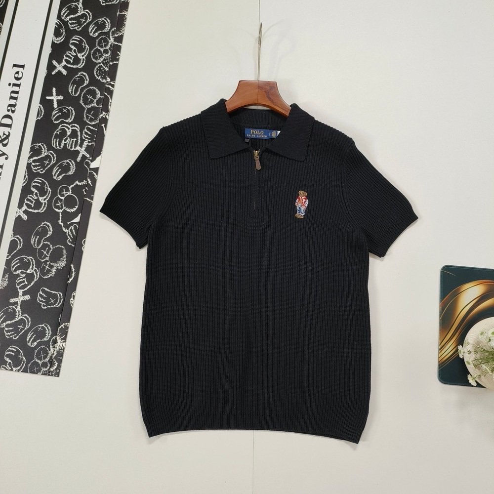 Ralph Lauren Black Short-Sleeve Ribbed Zip Polo with Embroidered Bear